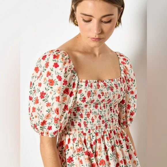 APRICOT 🍑- Floral Puff Sleeve Dress - Picture 1 of 7